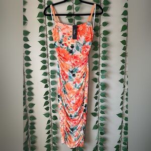 Lulu's Date Night Beauty Orange Floral Print Mesh Ruched Midi Dress